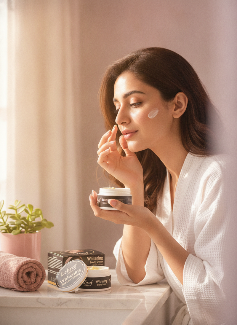 A Pakistani woman applies Lehraf Whitening Beauty Cream to her face in a sunlit bathroom, reflecting a morning skincare routi