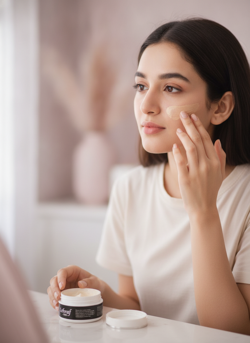 Young Pakistani woman applying foundation smoothly over Lehraf Whitening Beauty Cream on her face, no pilling.