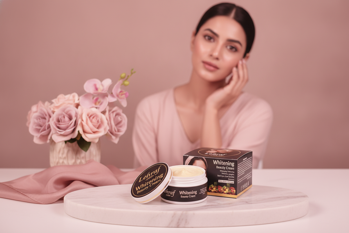 Lehraf Whitening Beauty Cream jar on a vanity, with a woman in the background gently touching her radiant skin. Soft pink ton